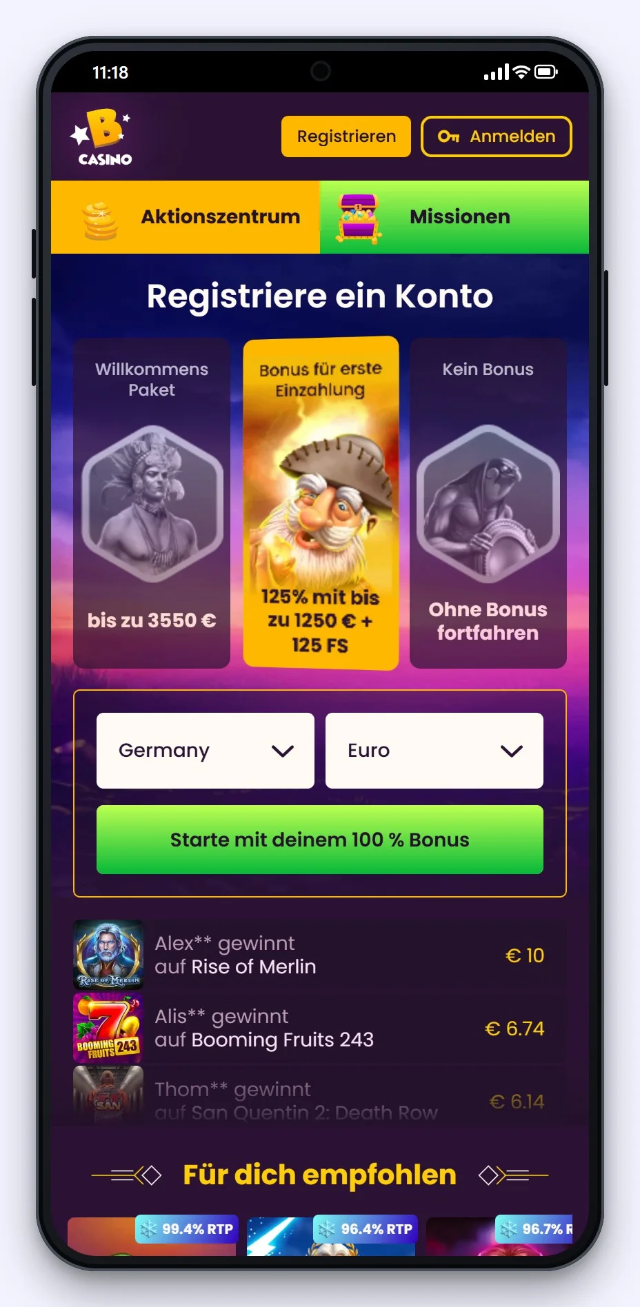 Casinos mit Curacao Lizenz: Startseite von Bizzo Casino