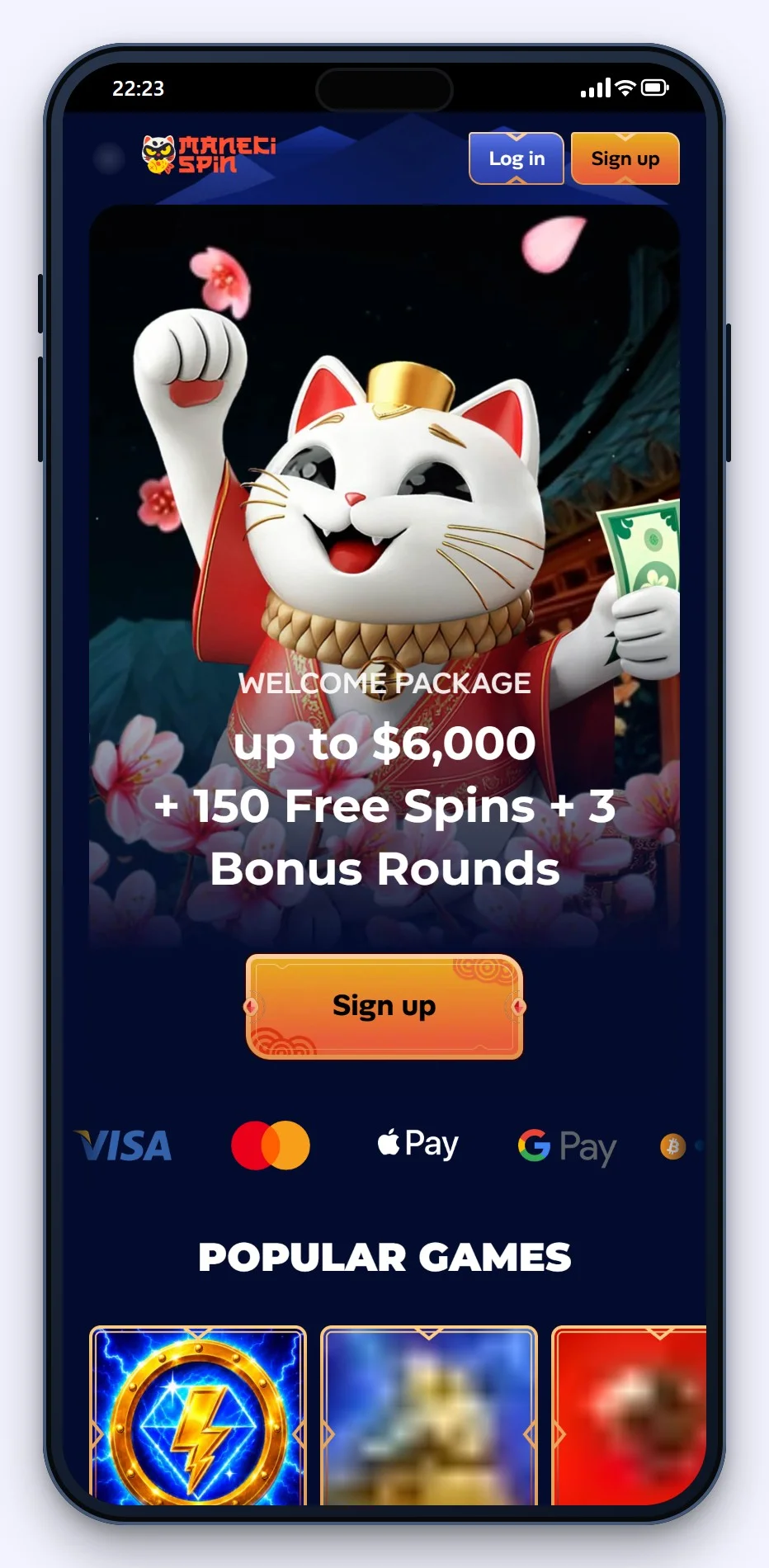 the mobile lobby of ManekiSpin, reviewed in our curacao sports betting sites guide