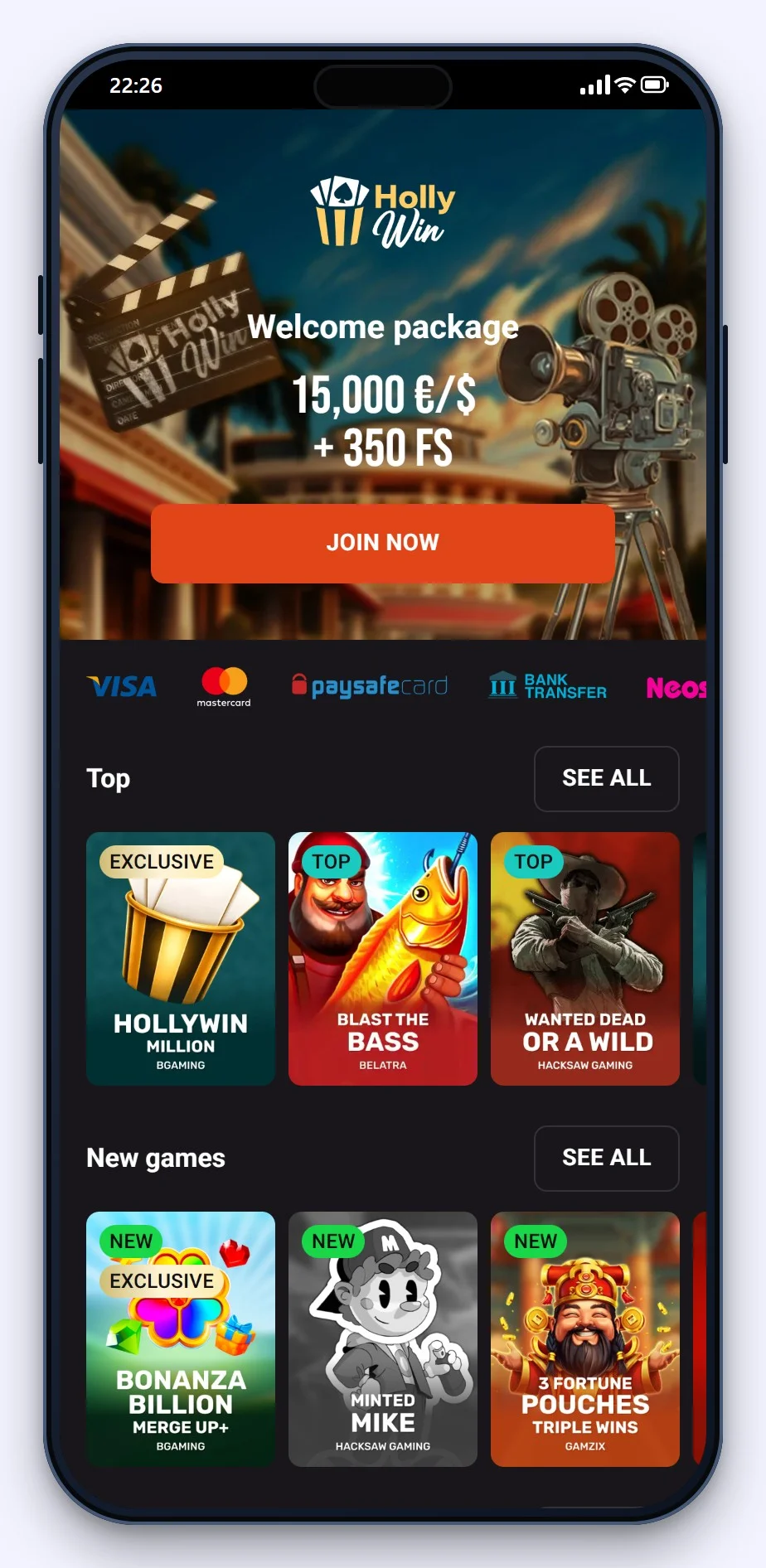 curacao casino: la homepage del casinò Hollywin