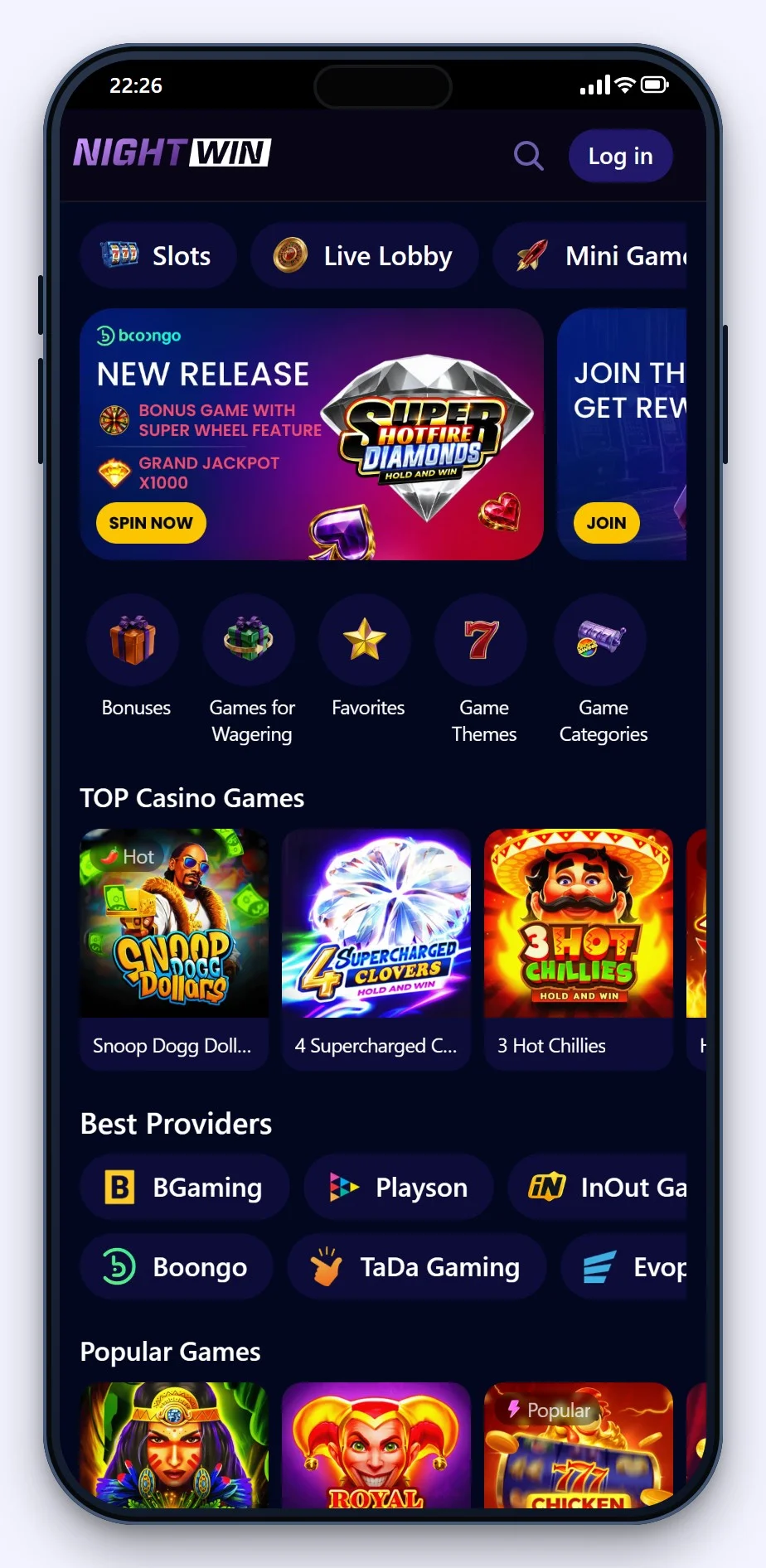 la lobby mobile di NightWin nella guida ai migliori siti scommesse curacao